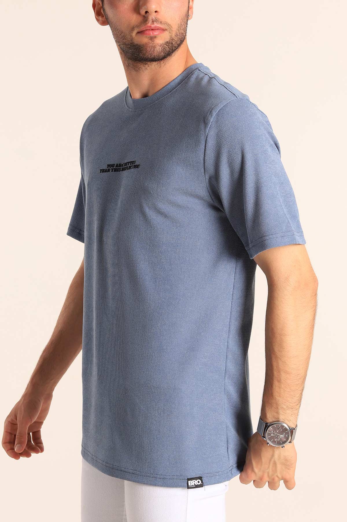 İndigo Relaxed Fit Dokulu Slogan Baskılı Erkek Tişört 186772