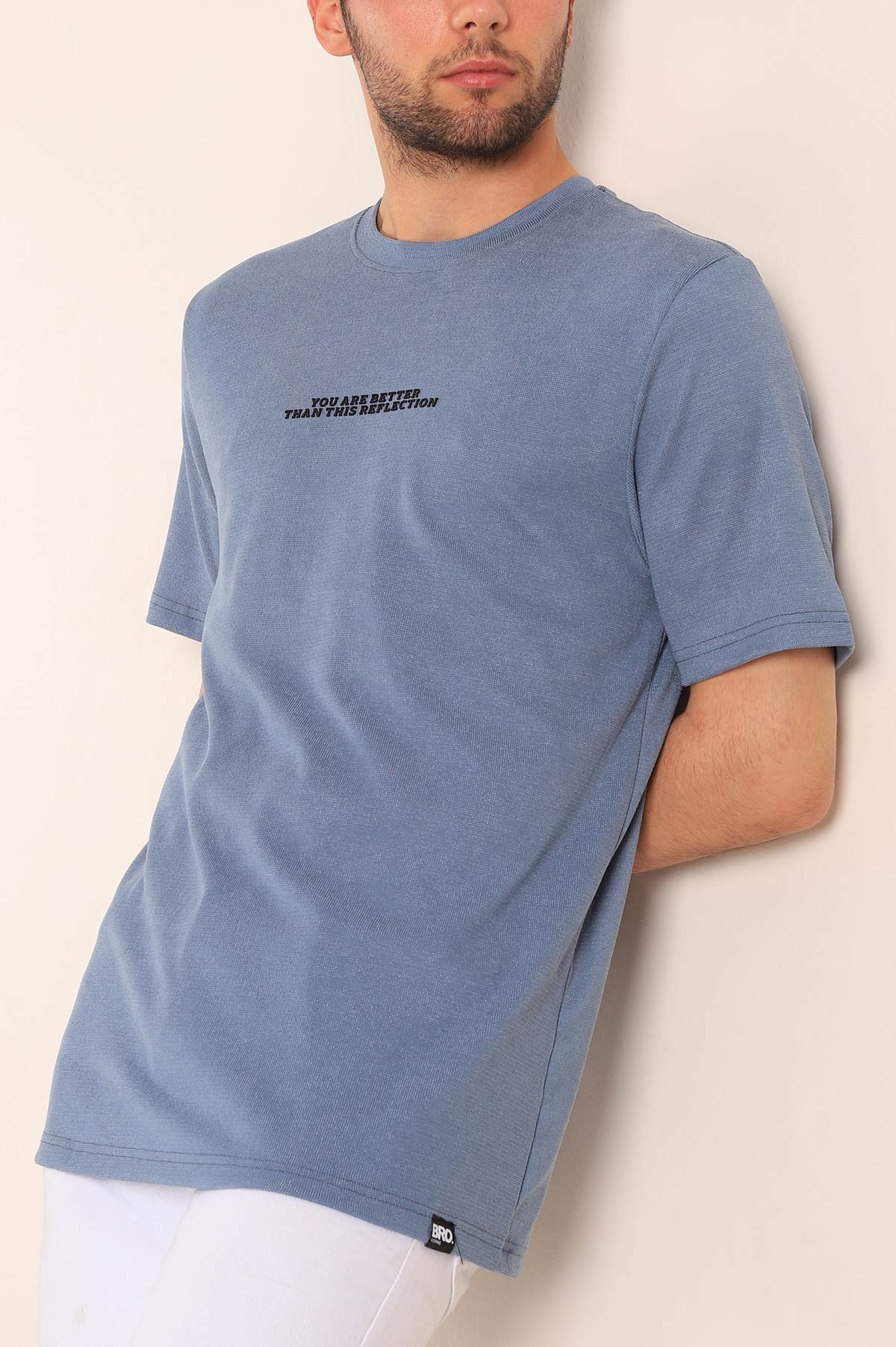 İndigo Relaxed Fit Dokulu Slogan Baskılı Erkek Tişört 186772