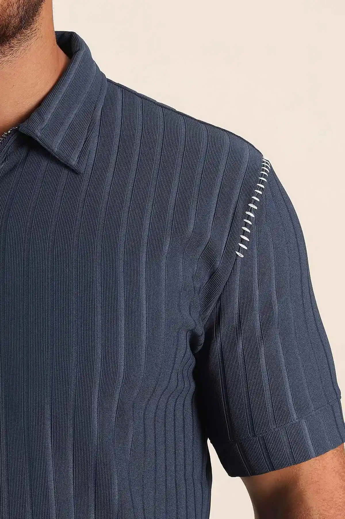 İndigo Relaxed Fit Fitilli Doku Fermuarlı Polo Yaka Erkek Tişört 373053