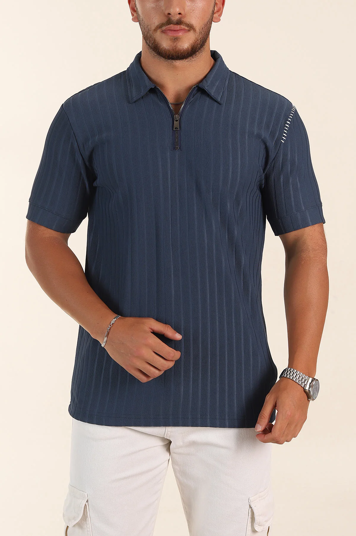 İndigo Relaxed Fit Fitilli Doku Fermuarlı Polo Yaka Erkek Tişört 373053