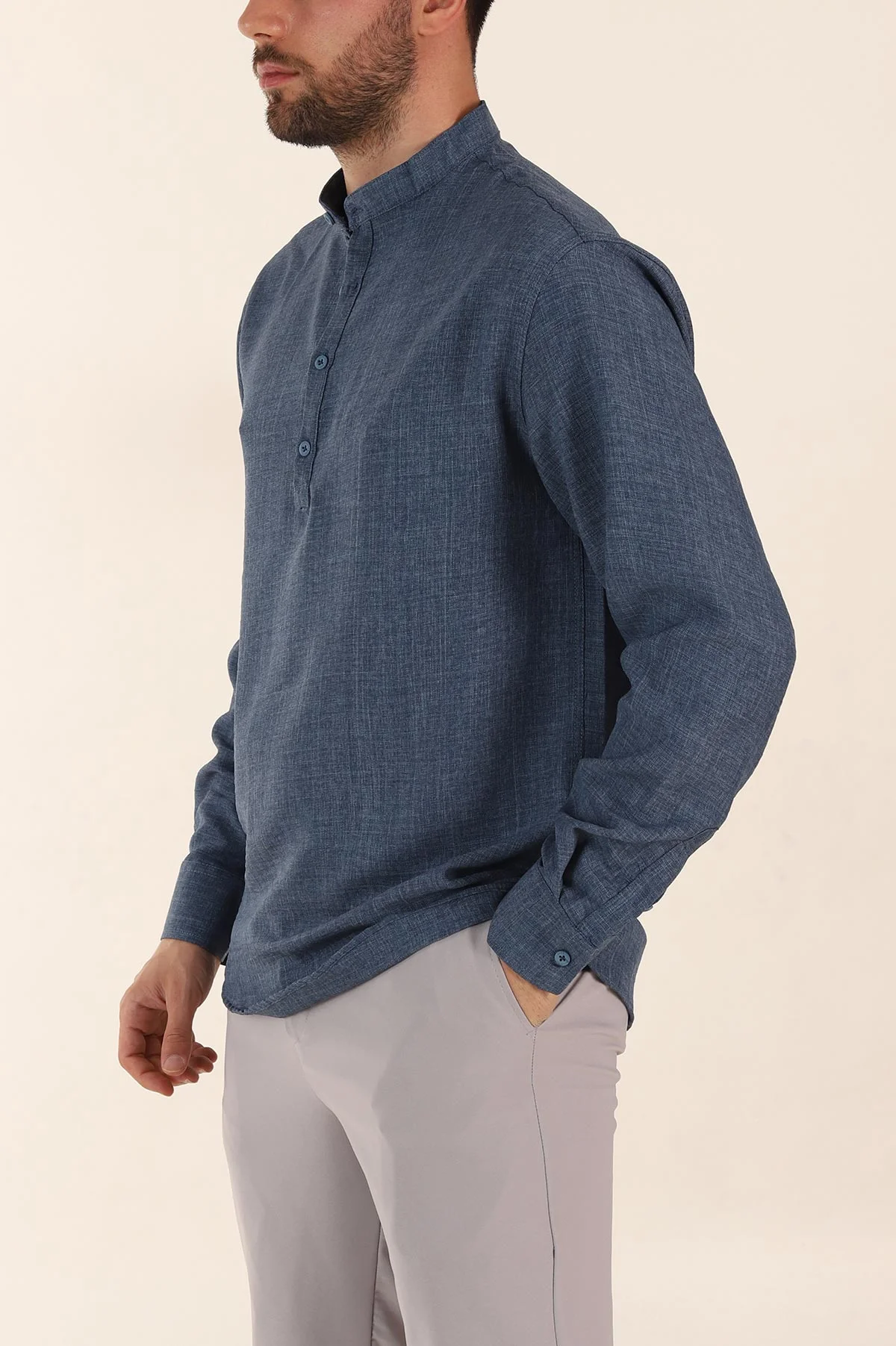 İndigo Relaxed Fit Hakim Yaka Yarım Düğmeli Erkek Gömlek 369855