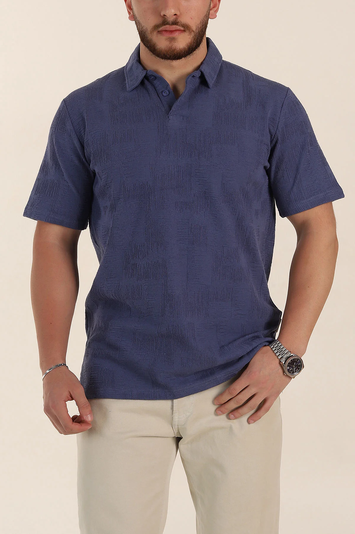 İndigo Relaxed Fit Kabartma Desenli Düğmeli Polo Yaka Erkek Tişört 358191