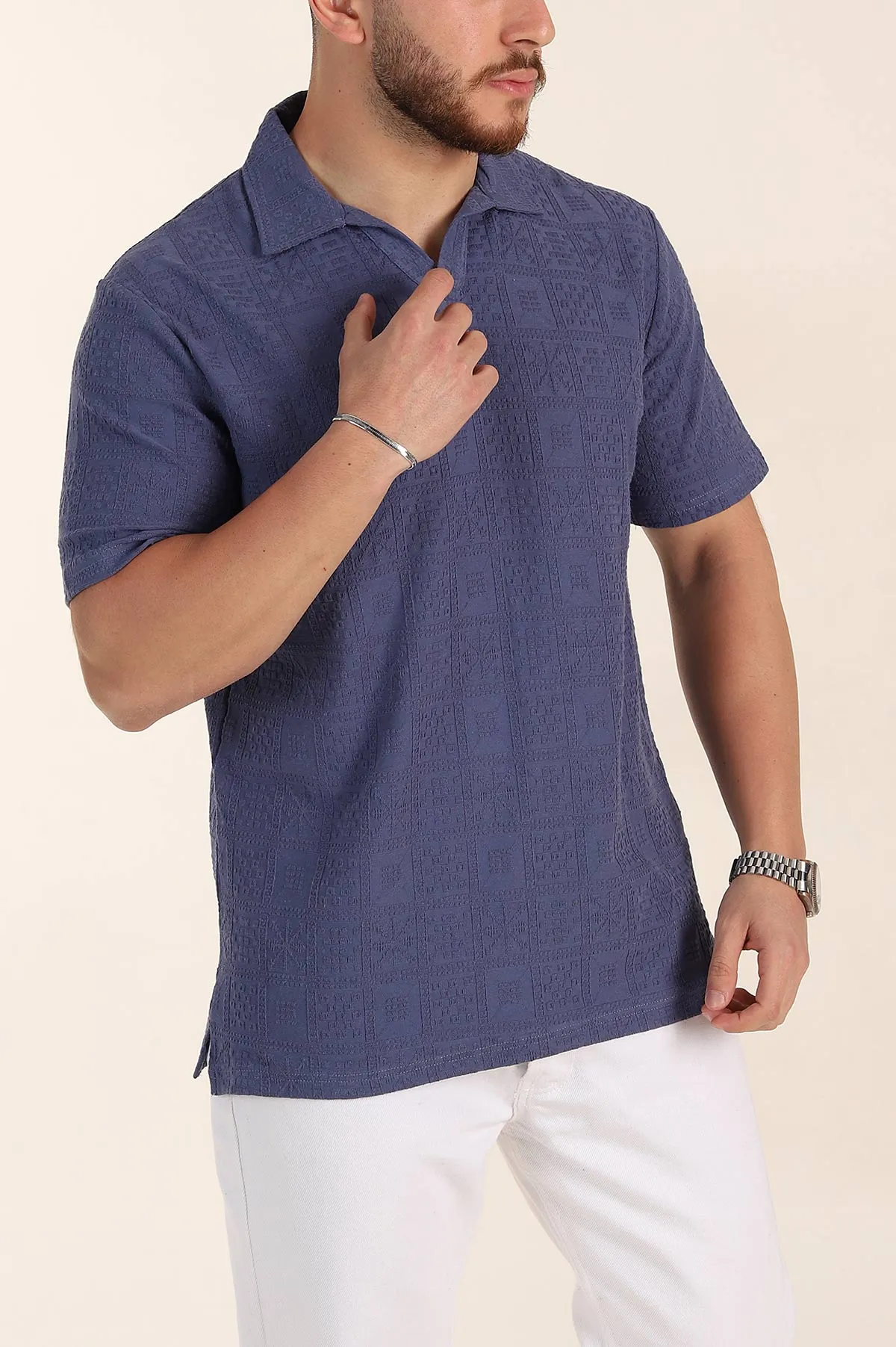 İndigo Relaxed Fit Kabartma Desenli Patlı Polo Yaka Erkek Tişört 358024