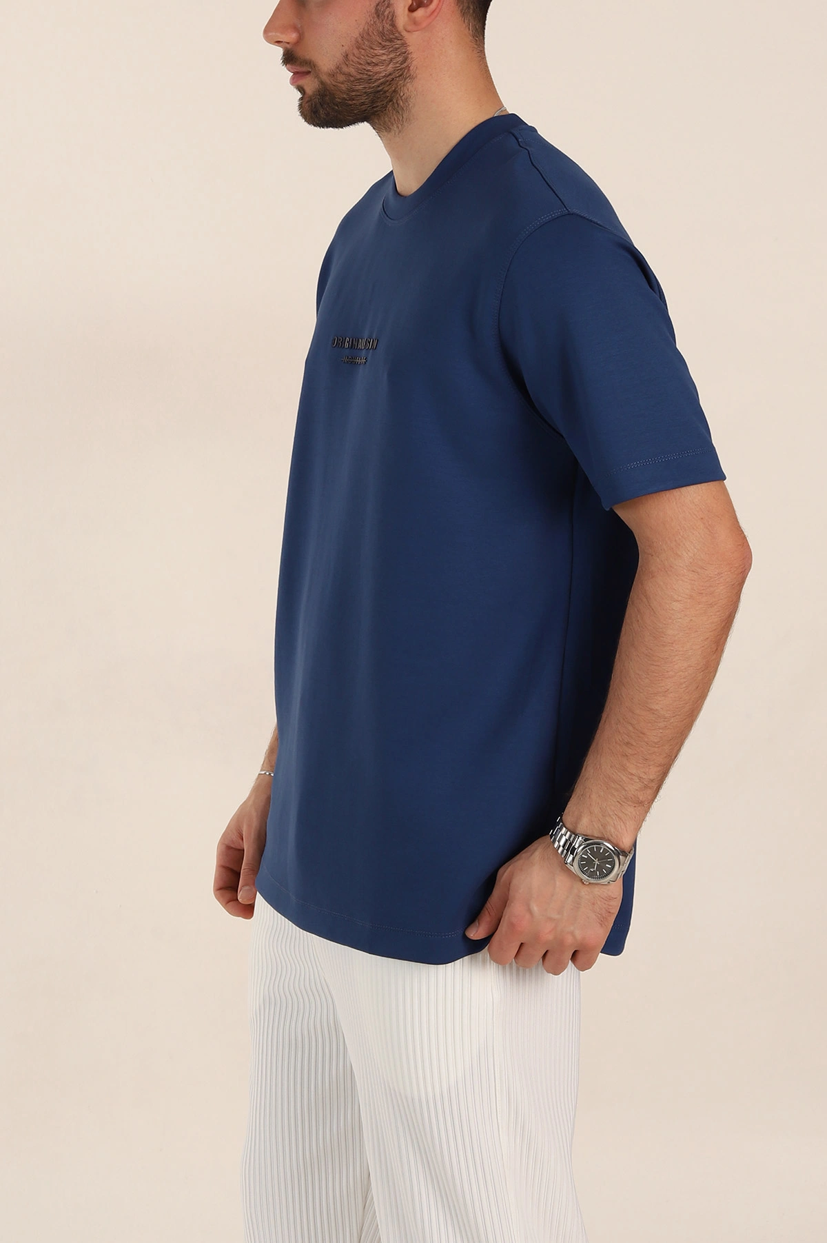 İndigo Relaxed Fit Kabartma Yazı Detaylı Erkek Tişört 358650