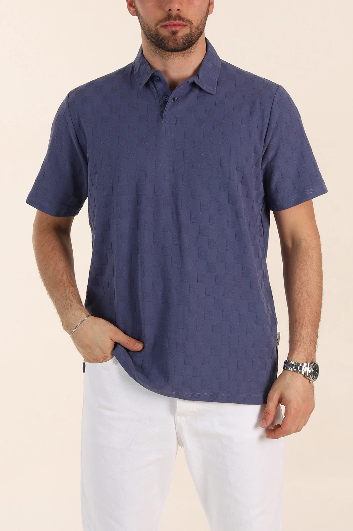 İndigo Relaxed Fit Kare Dokulu Düğmeli Polo Yaka Erkek Tişört 358174