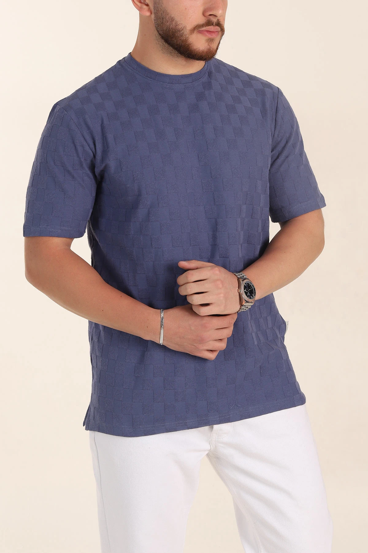 İndigo Relaxed Fit Kare Dokulu Erkek Tişört 358003