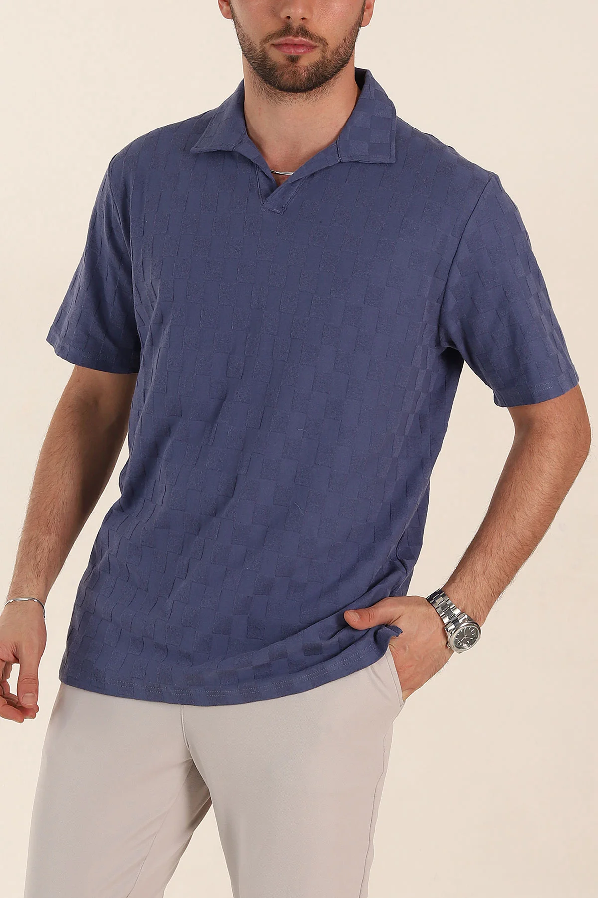 İndigo Relaxed Fit Kare Dokulu Patlı Polo Yaka Erkek Tişört 358036