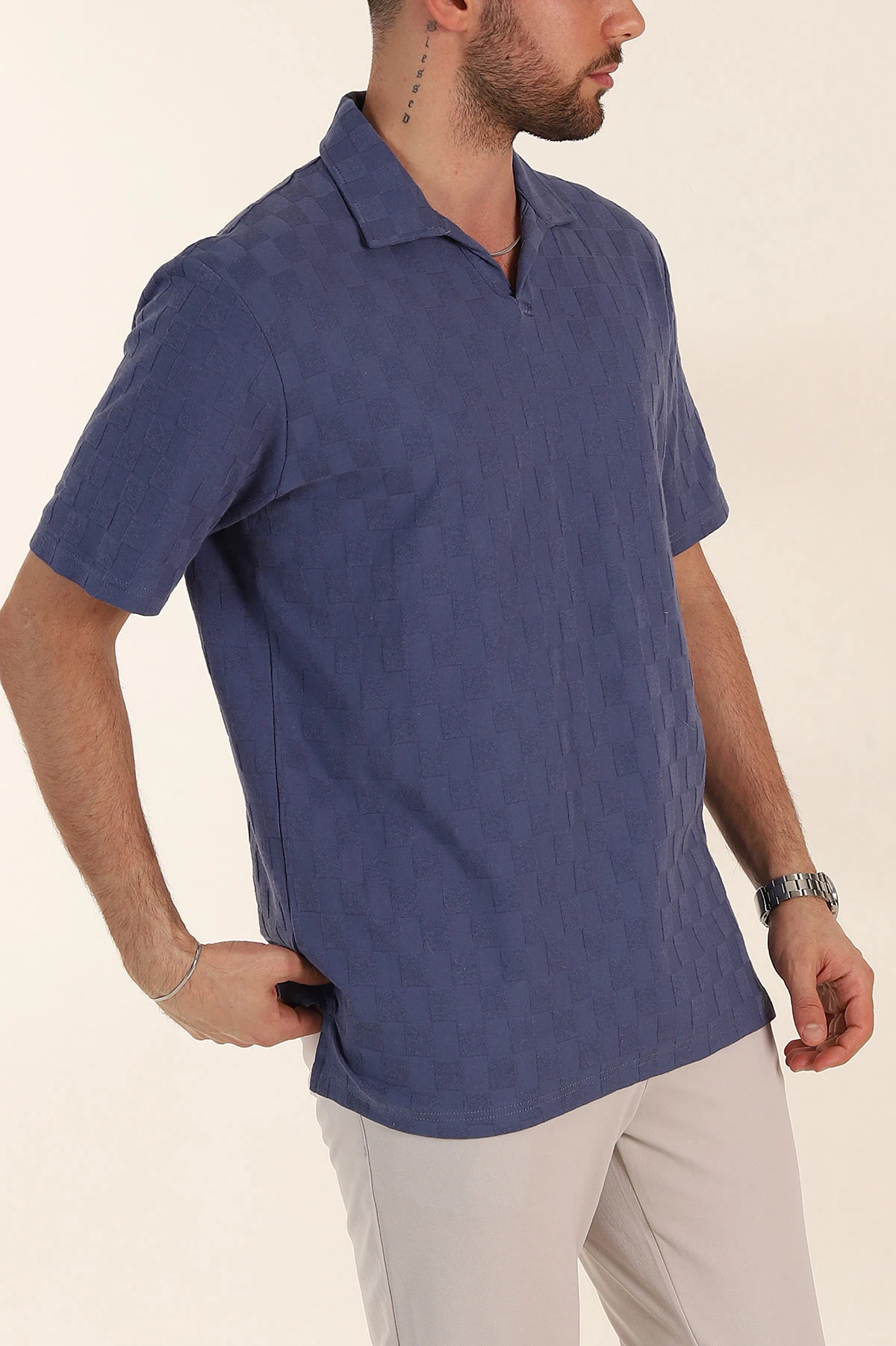 İndigo Relaxed Fit Kare Dokulu Patlı Polo Yaka Erkek Tişört 358036