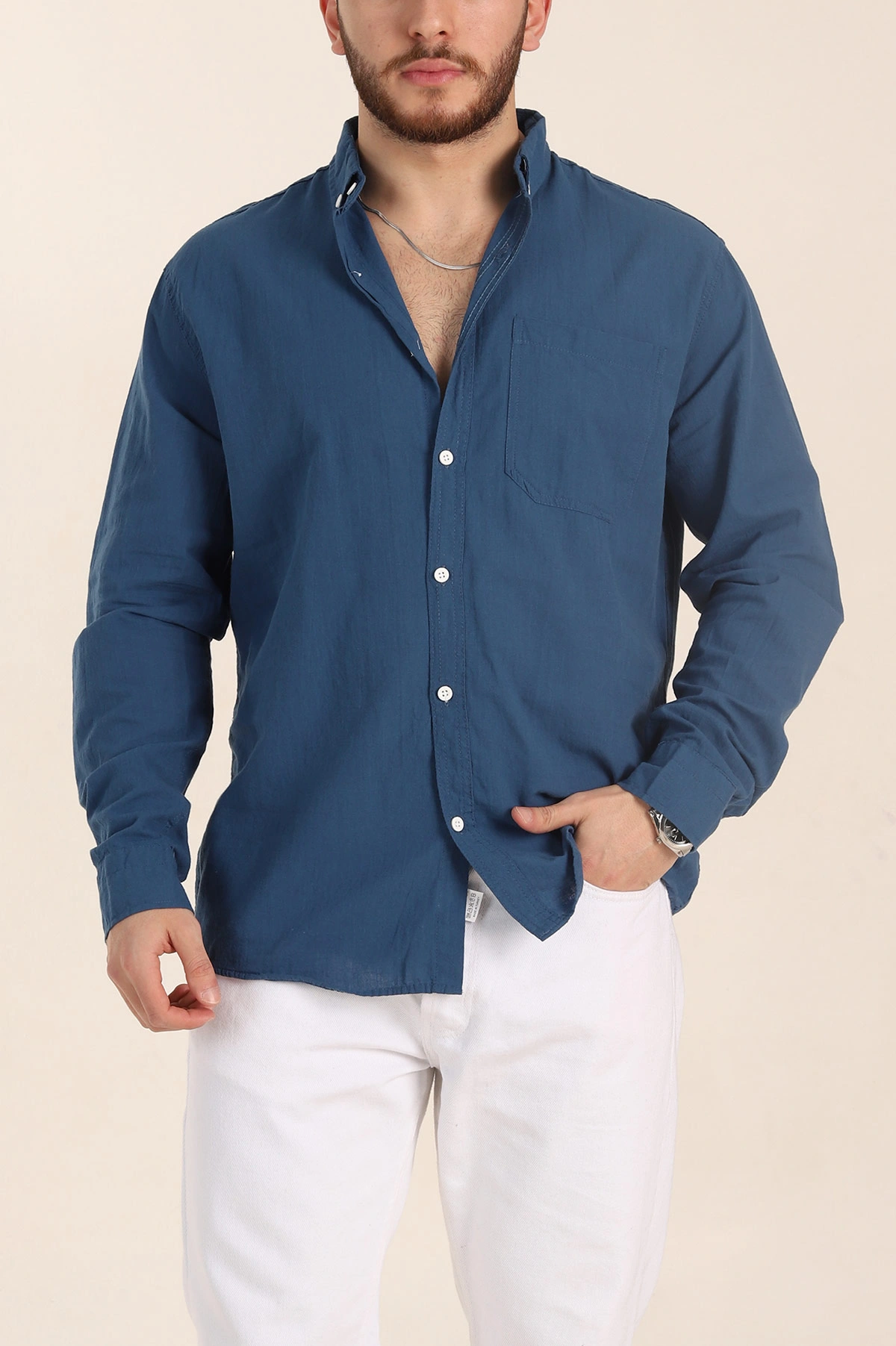 İndigo Relaxed Fit Keten Cep Detaylı Erkek Gömlek 356966