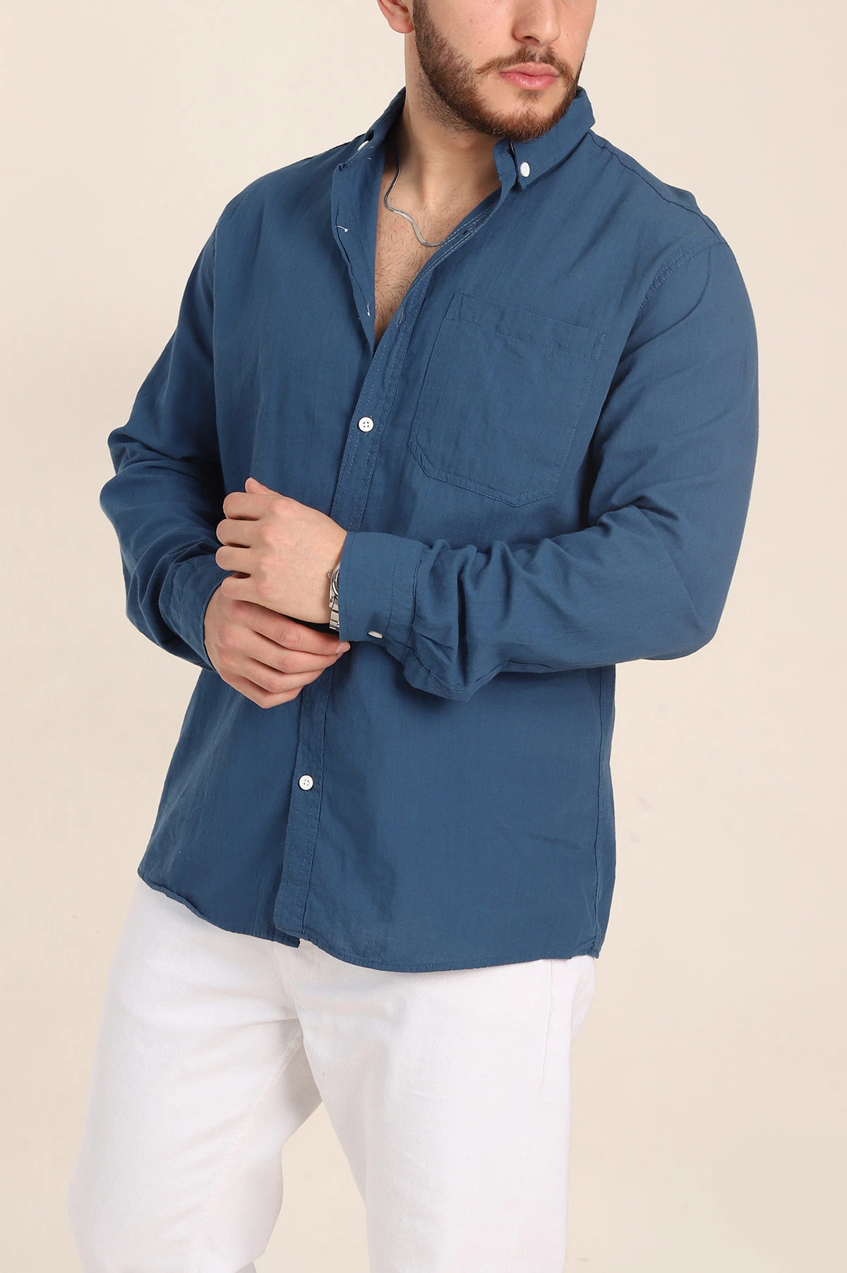 İndigo Relaxed Fit Keten Cep Detaylı Erkek Gömlek 356966