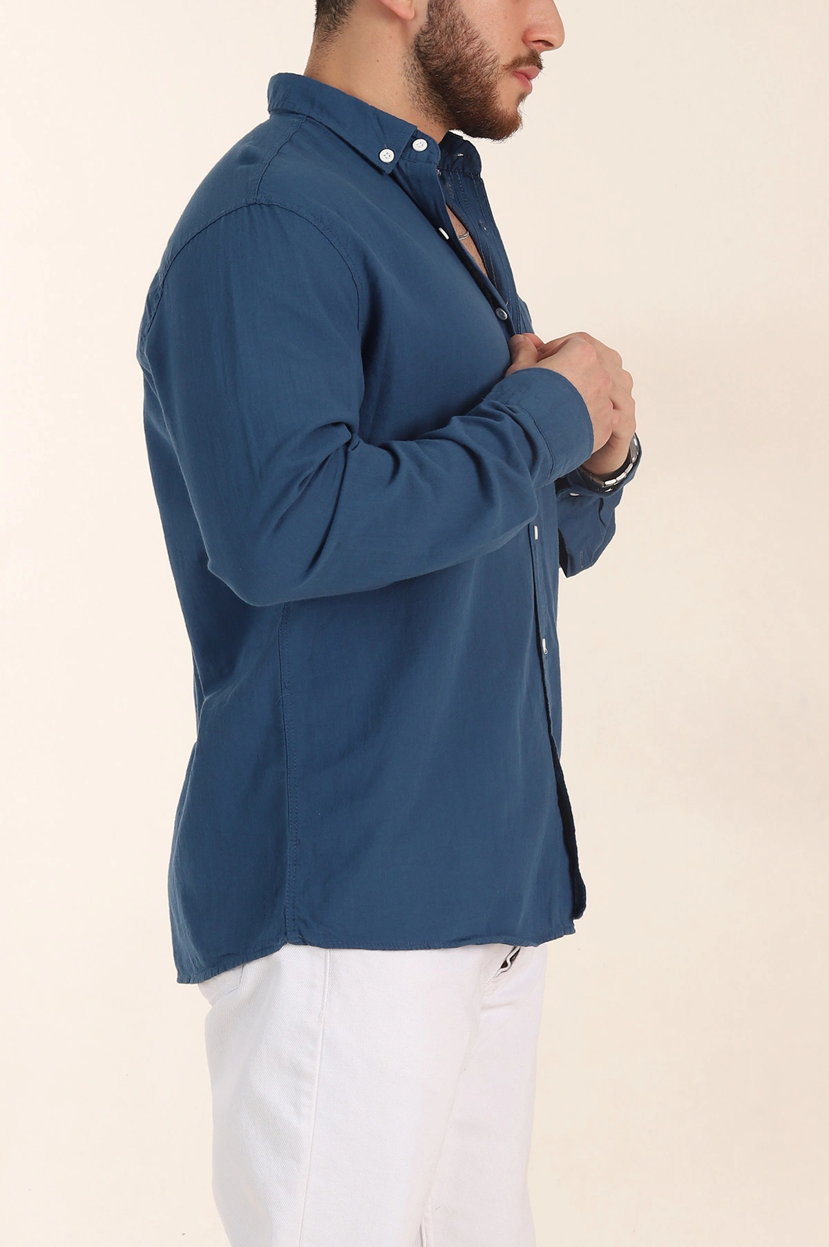 İndigo Relaxed Fit Keten Cep Detaylı Erkek Gömlek 356966