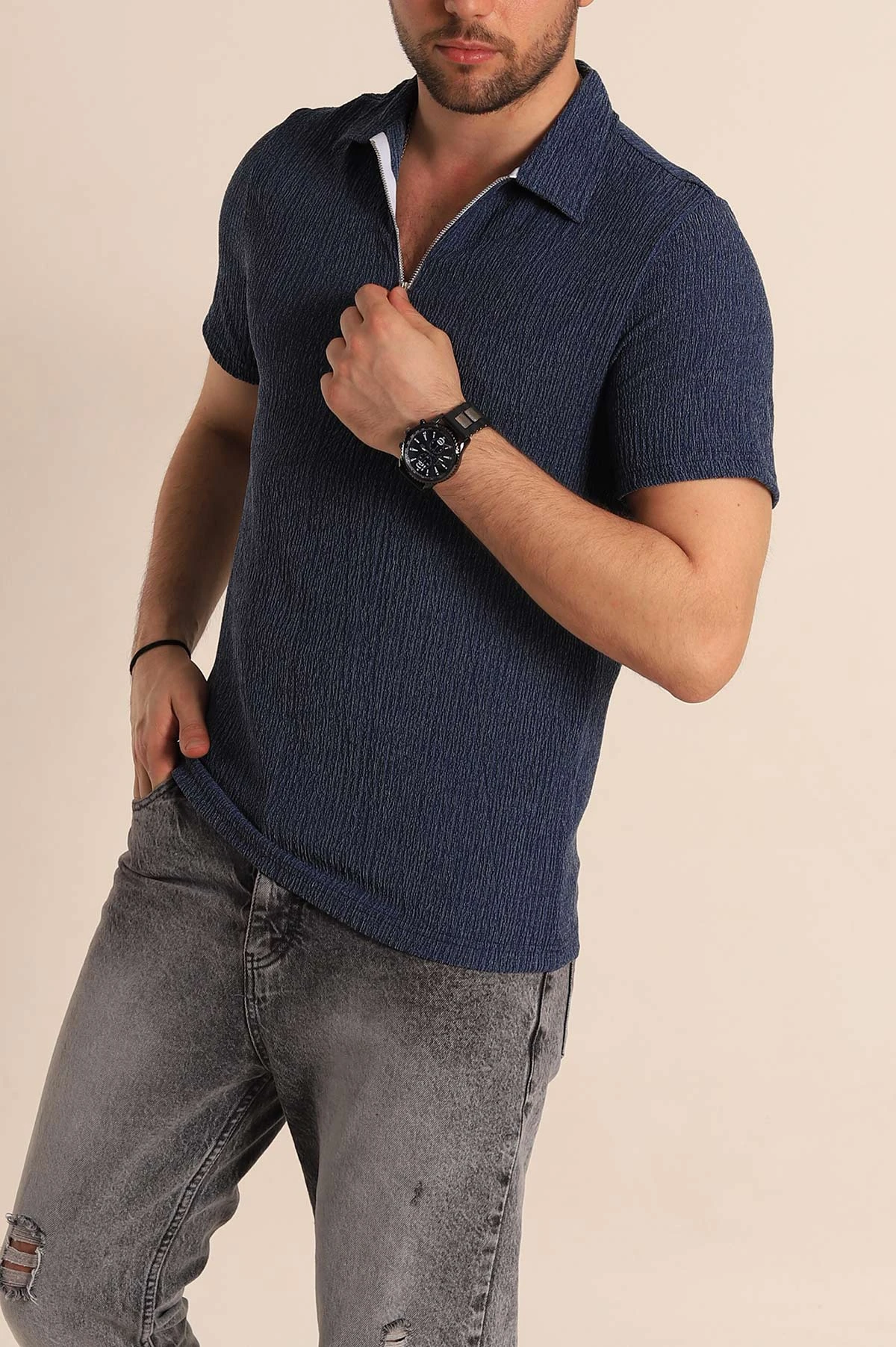 İndigo Relaxed Fit Melanjlı Fermuarlı Polo Yaka Erkek Tişört 267653