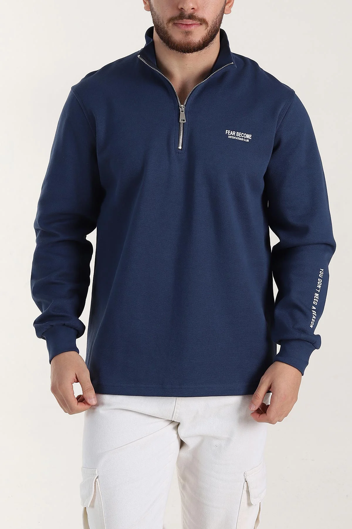 İndigo Relaxed Fit Pike Dokulu Yarım Fermuarlı Erkek Sweatshirt 400876