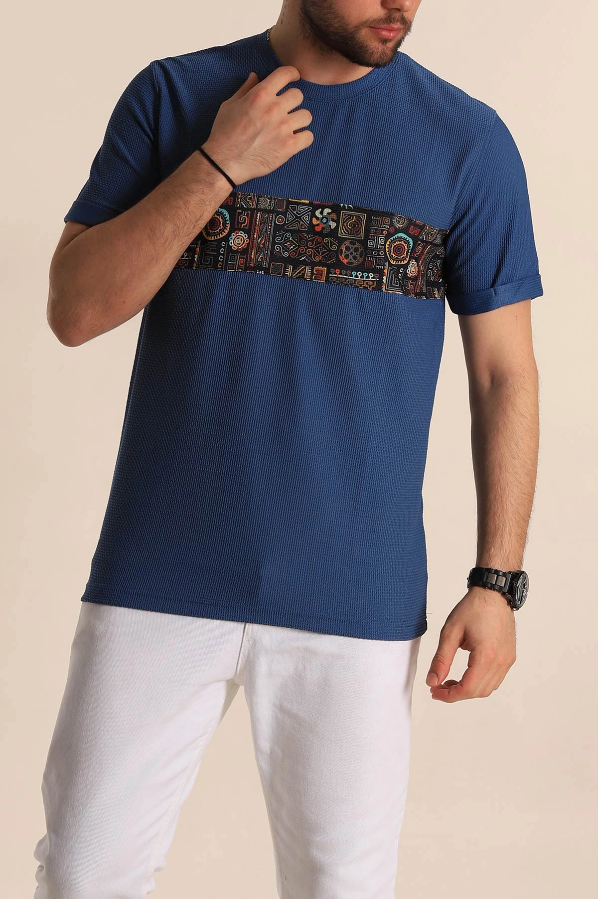 İndigo Slim Fit Etnik Desenli Duble Kol Erkek Tişört 268658