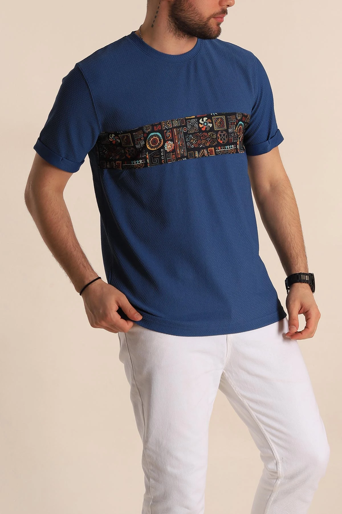 İndigo Slim Fit Etnik Desenli Duble Kol Erkek Tişört 268658