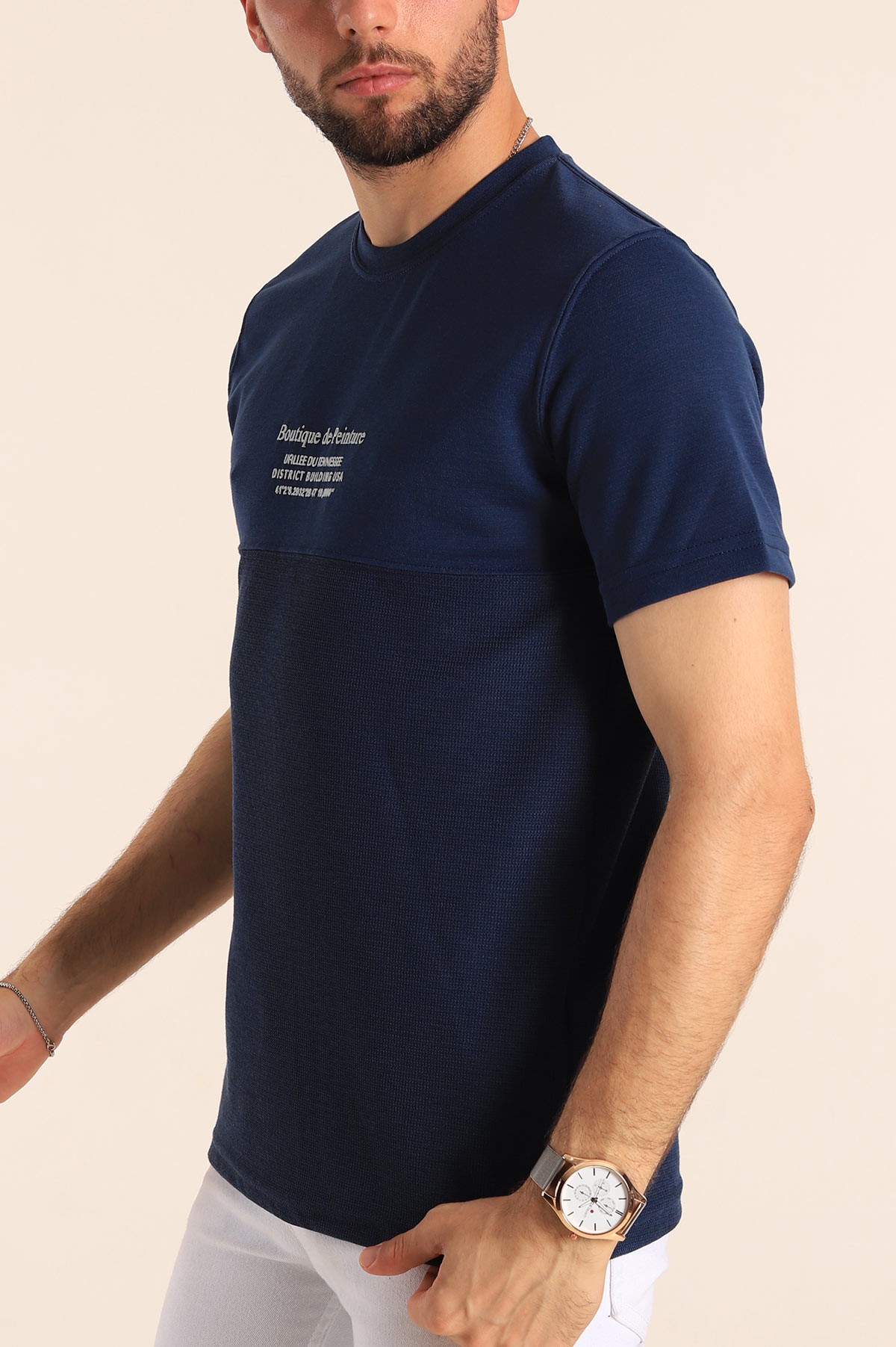 İndigo Slim Fit Kabartma Baskılı Erkek Tişört 190043