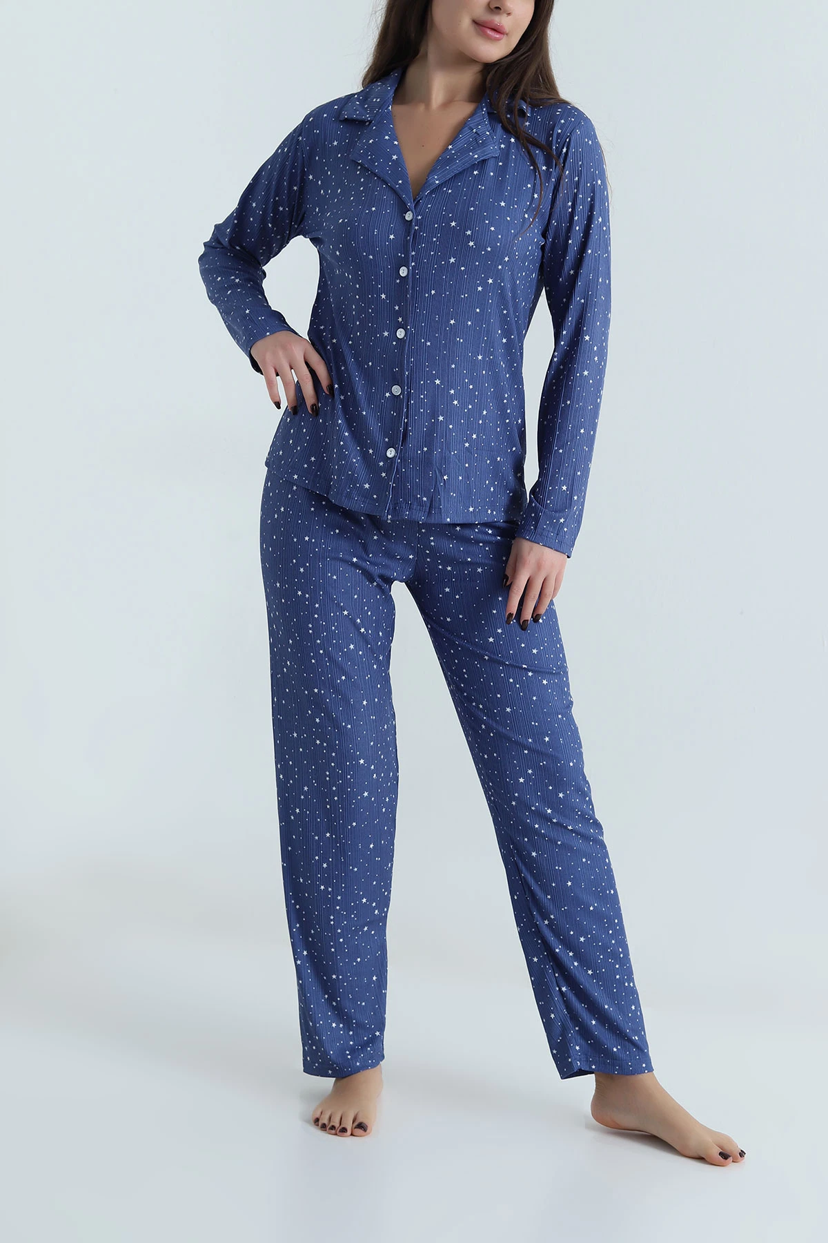 İndigo Uzun Kol Düğmeli Pegasus Kadın Pijama Takımı 499821