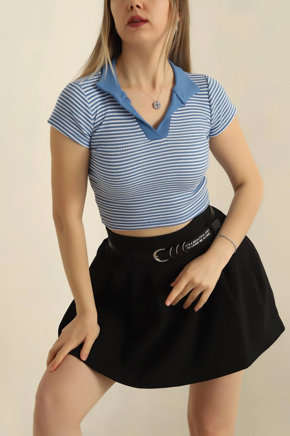 İndigo Yakalı Çizgili Bluz 252435