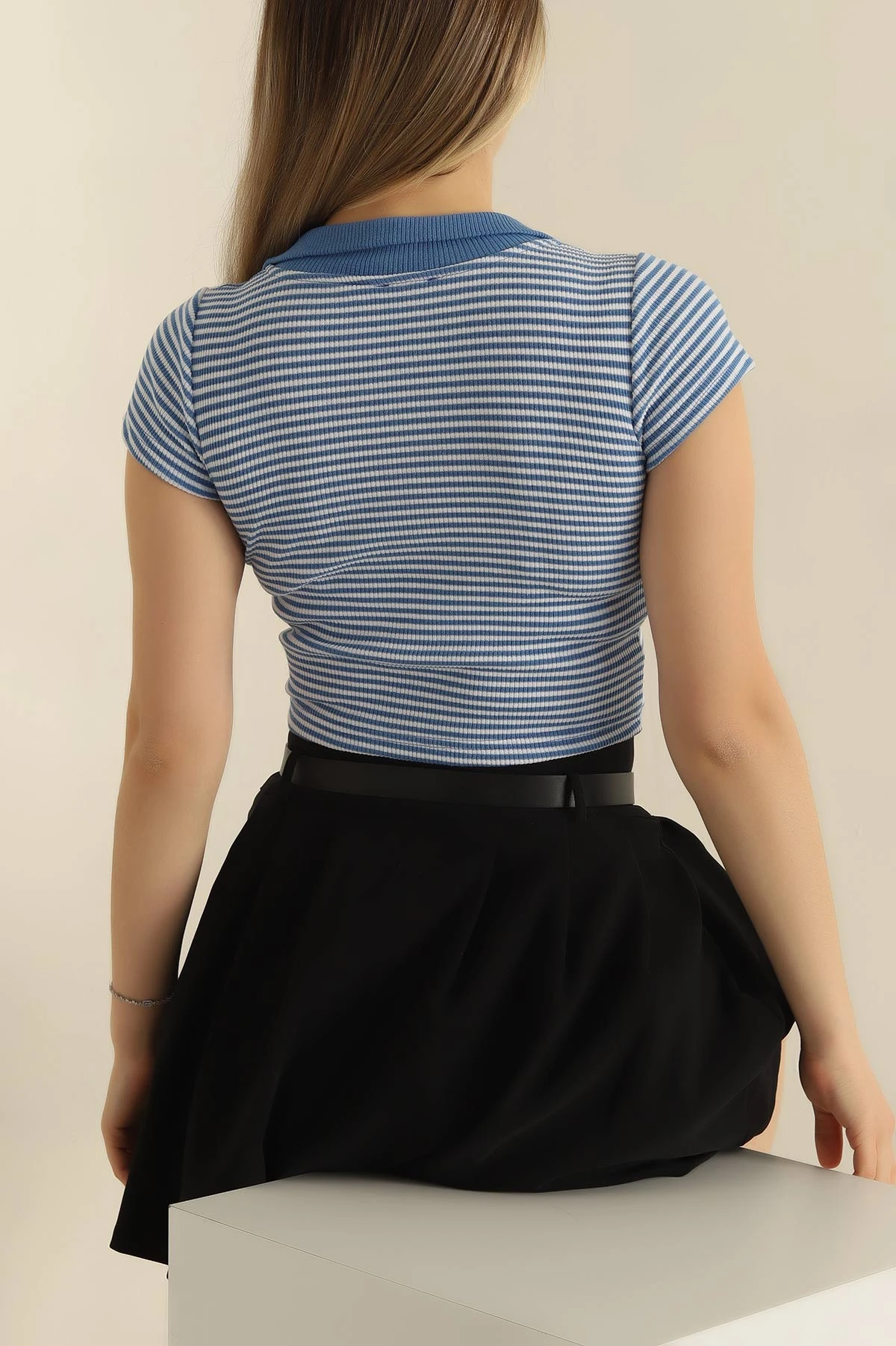 İndigo Yakalı Çizgili Bluz 252435