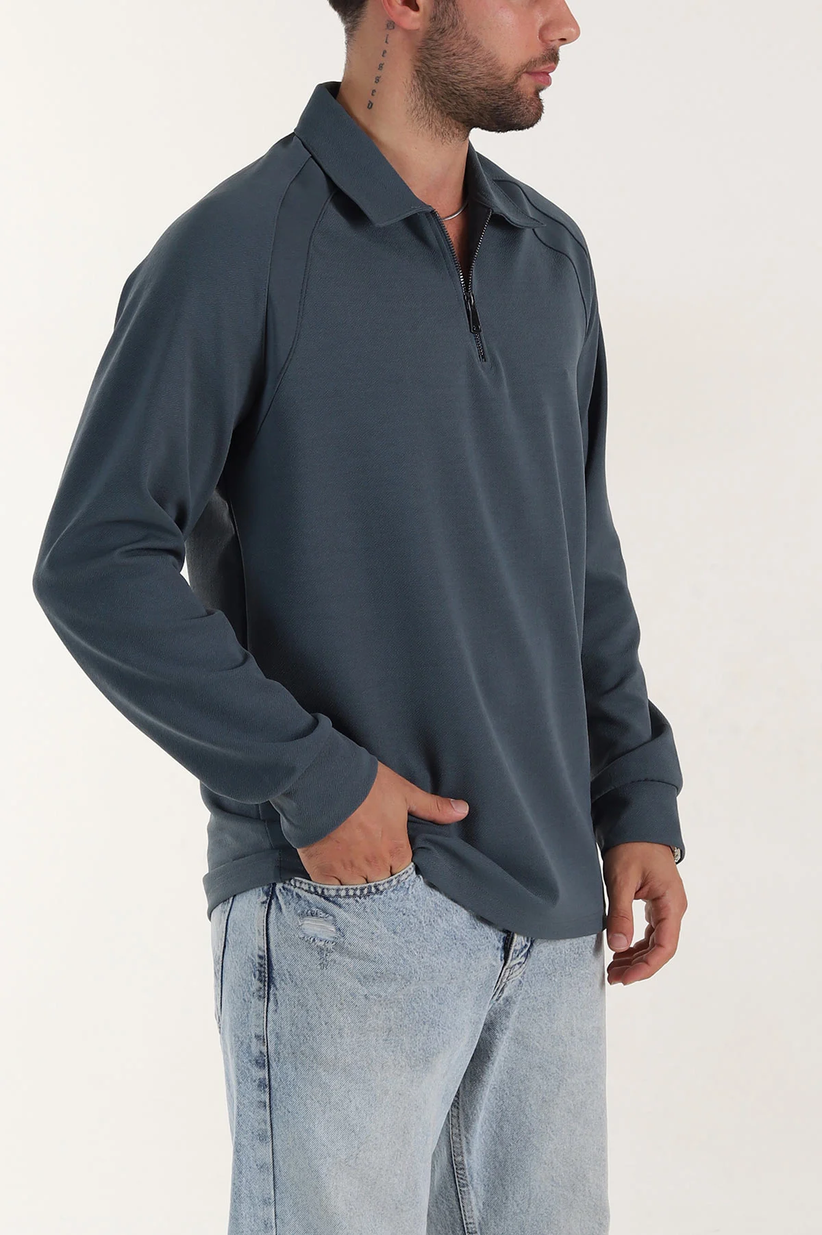 İndigo Yarım Fermuarlı Polo Yaka Erkek Sweatshirt 397126
