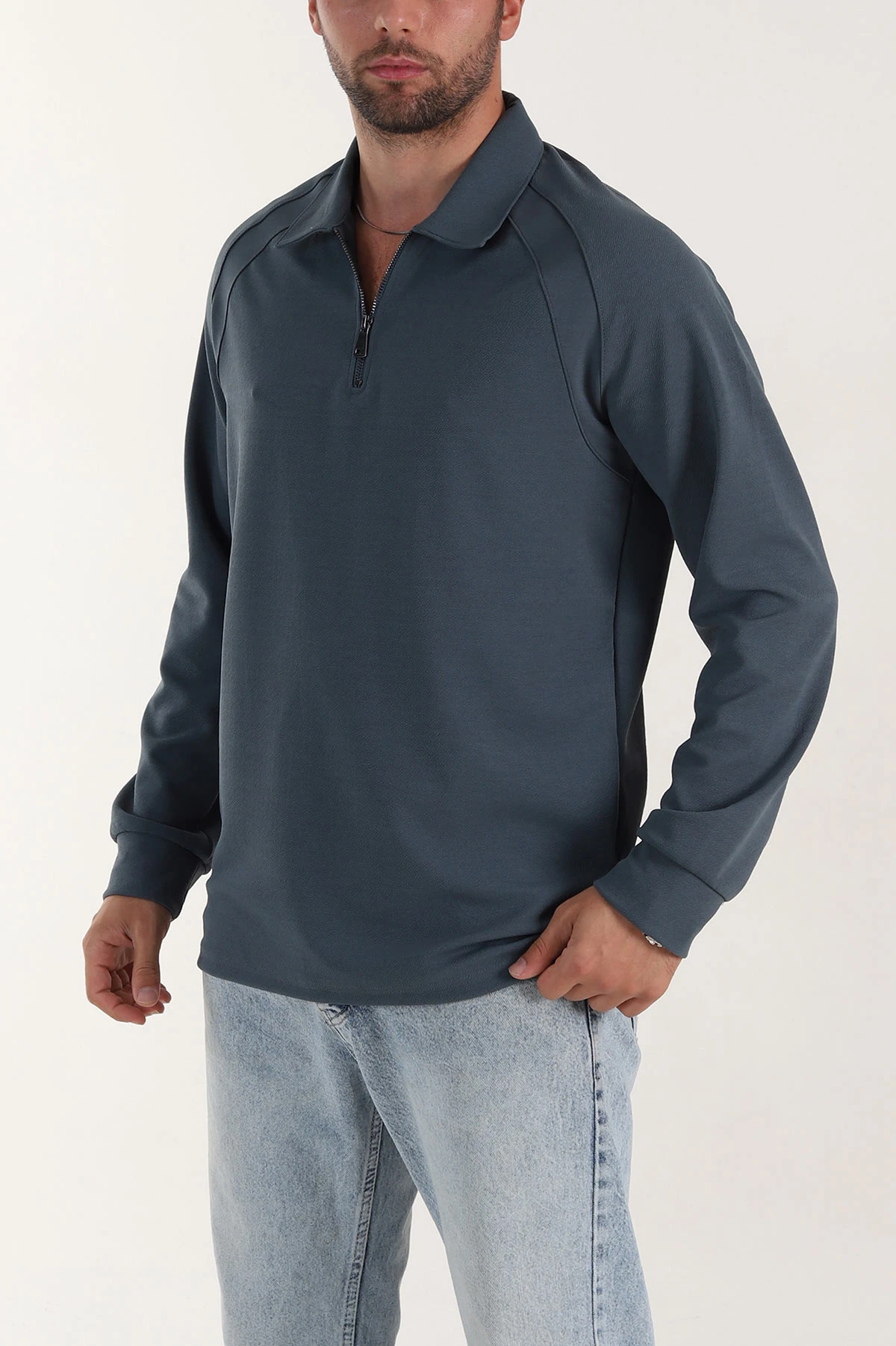 İndigo Yarım Fermuarlı Polo Yaka Erkek Sweatshirt 397126