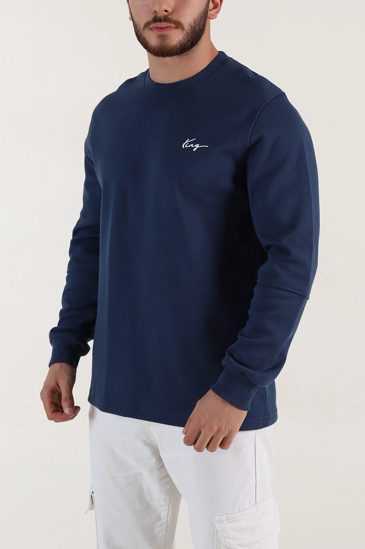 İndigo Yazı Detaylı Bisiklet Yaka Erkek Sweatshirt 396928