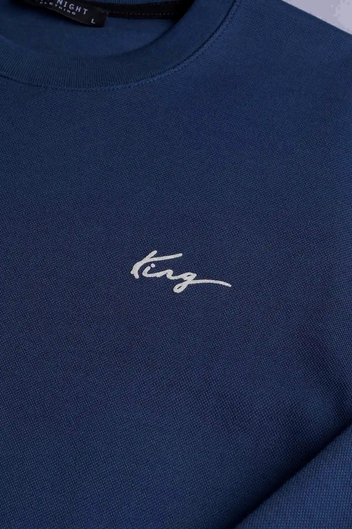 İndigo Yazı Detaylı Bisiklet Yaka Erkek Sweatshirt 396928