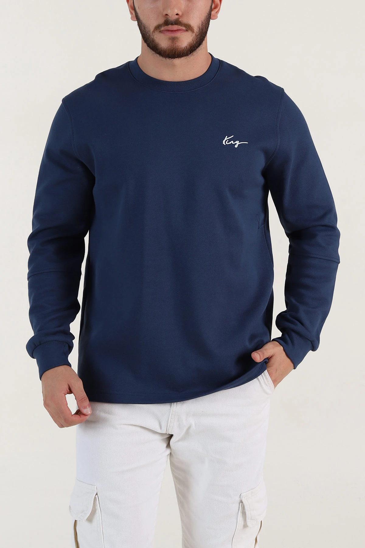 İndigo Yazı Detaylı Bisiklet Yaka Erkek Sweatshirt 396928