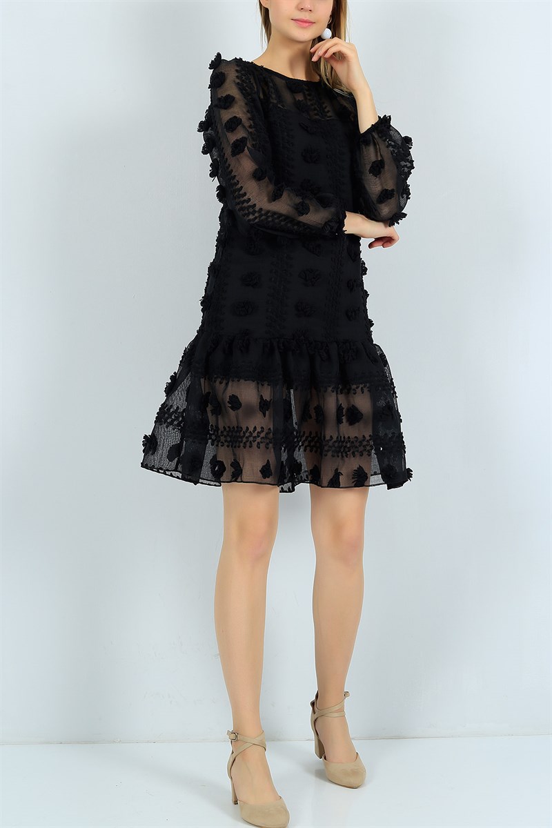 İşlemeli Siyah Tasarım Elbise 24110B