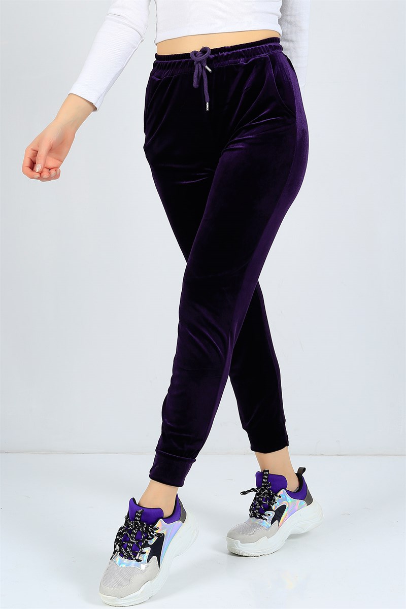 Kadife Cepli Mor Bayan Pantolon 23416B