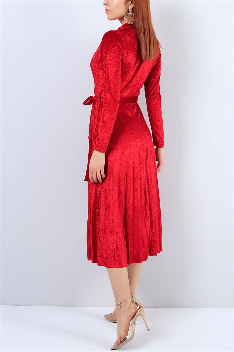 Kadife Eteği Pileli Kırmızı Elbise 21954B