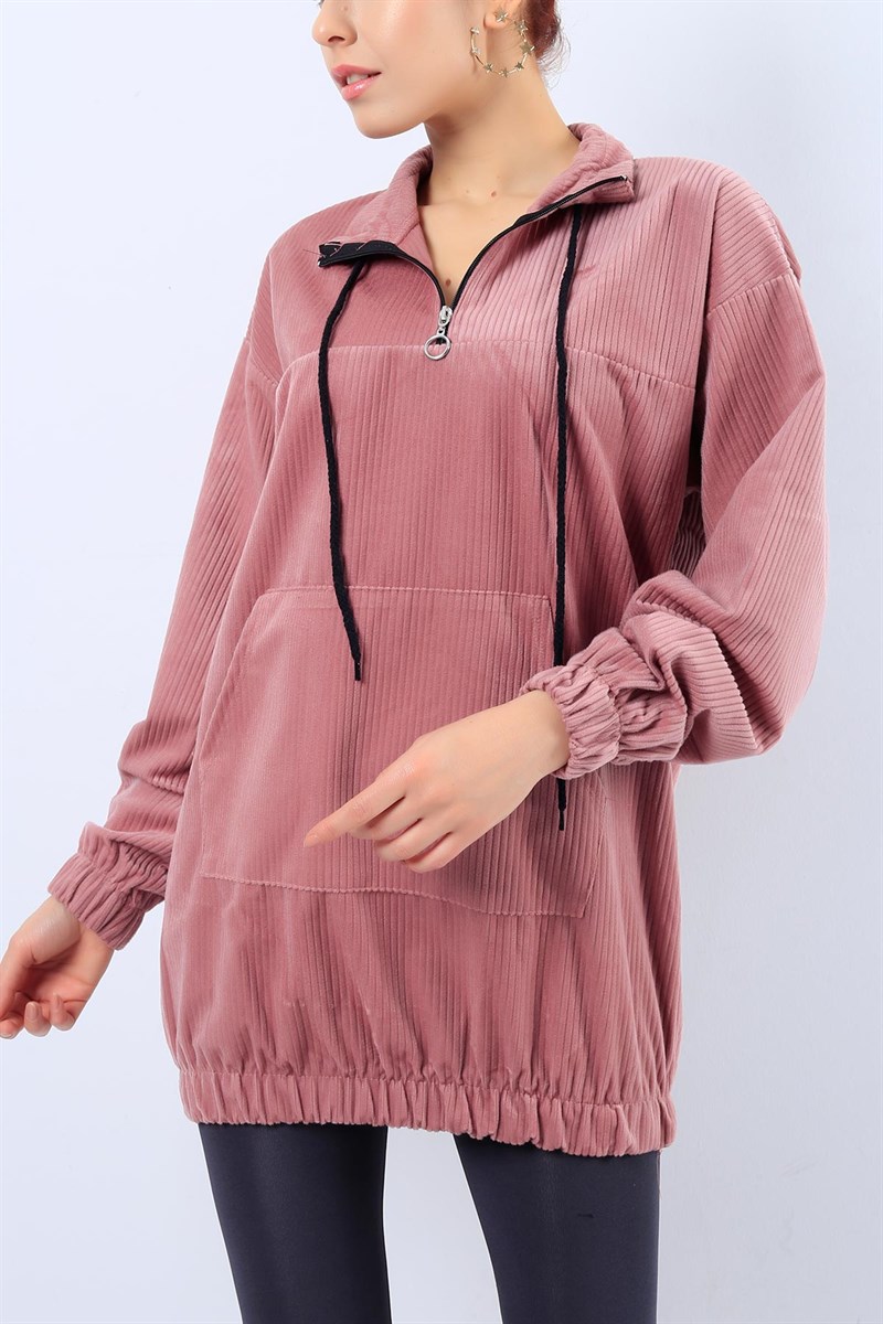 Kadife Fitilli Cepli Gül Kurusu Bayan Sweat 20581B