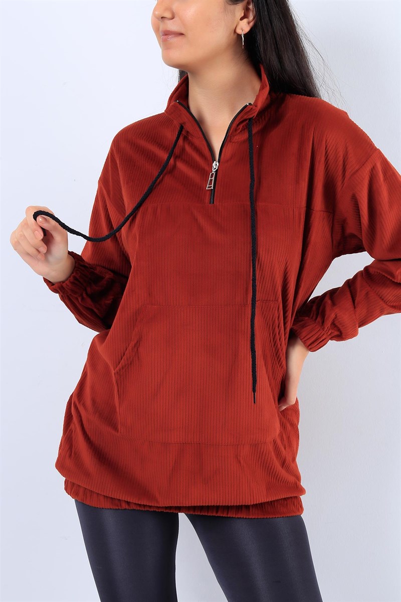 Kadife Fitilli Cepli Kiremit Bayan Sweat 20580B