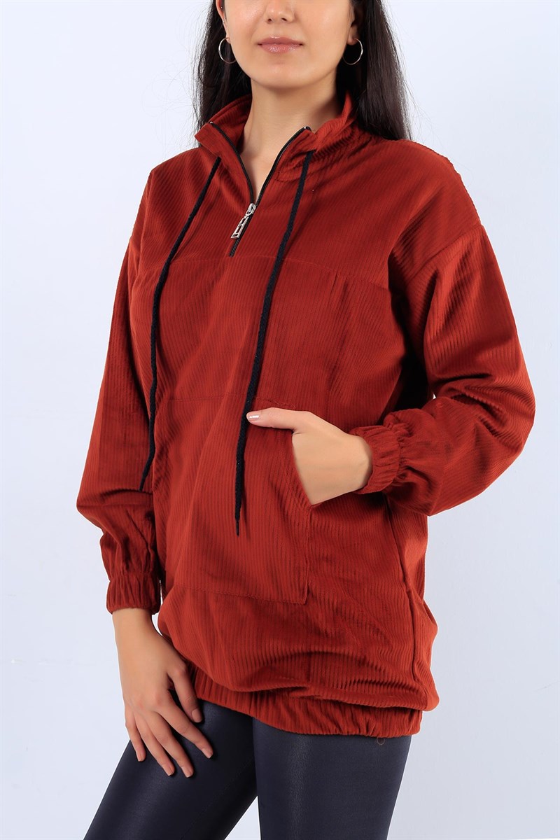 Kadife Fitilli Cepli Kiremit Bayan Sweat 20580B