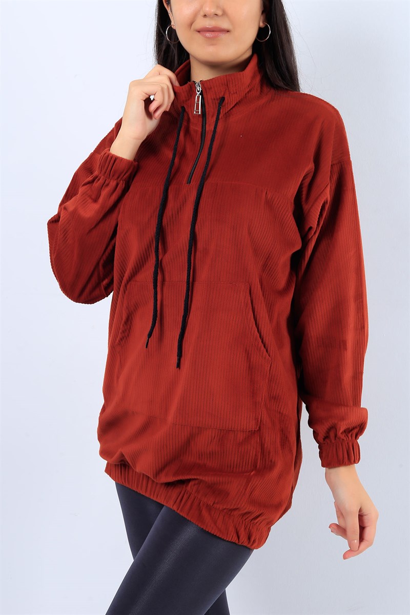 Kadife Fitilli Cepli Kiremit Bayan Sweat 20580B