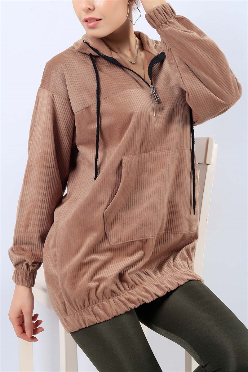 Kadife Fitilli Cepli Vizon Bayan Sweat 20579B