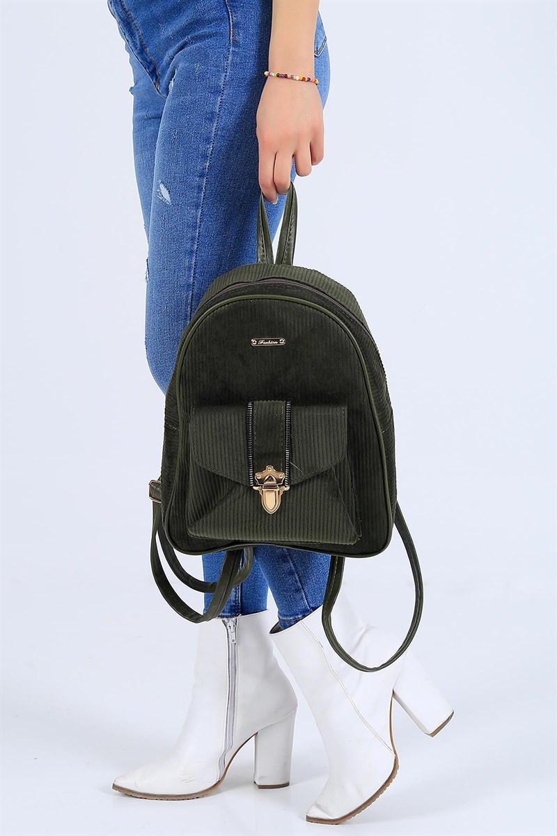 Kadife Fitilli Haki Bayan Sırt Çantası 26285Ç