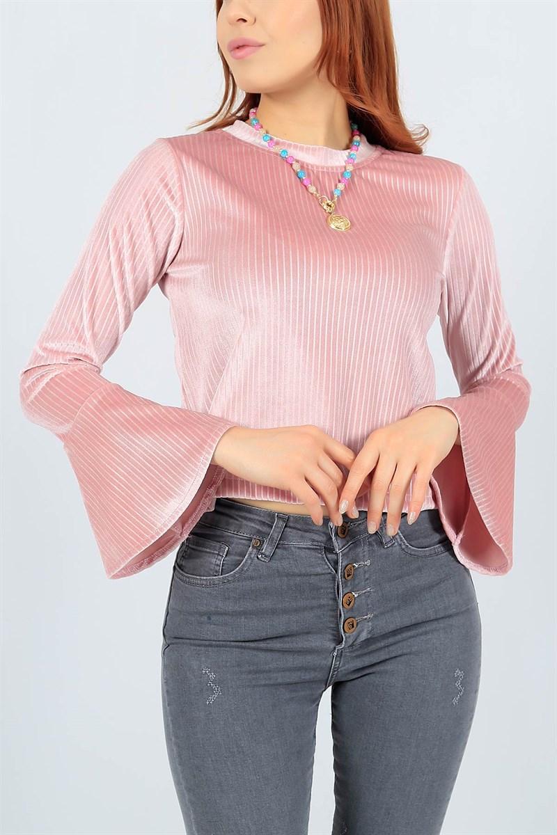 Kadife Kolu Volanlı Pudra Bluz 23804B
