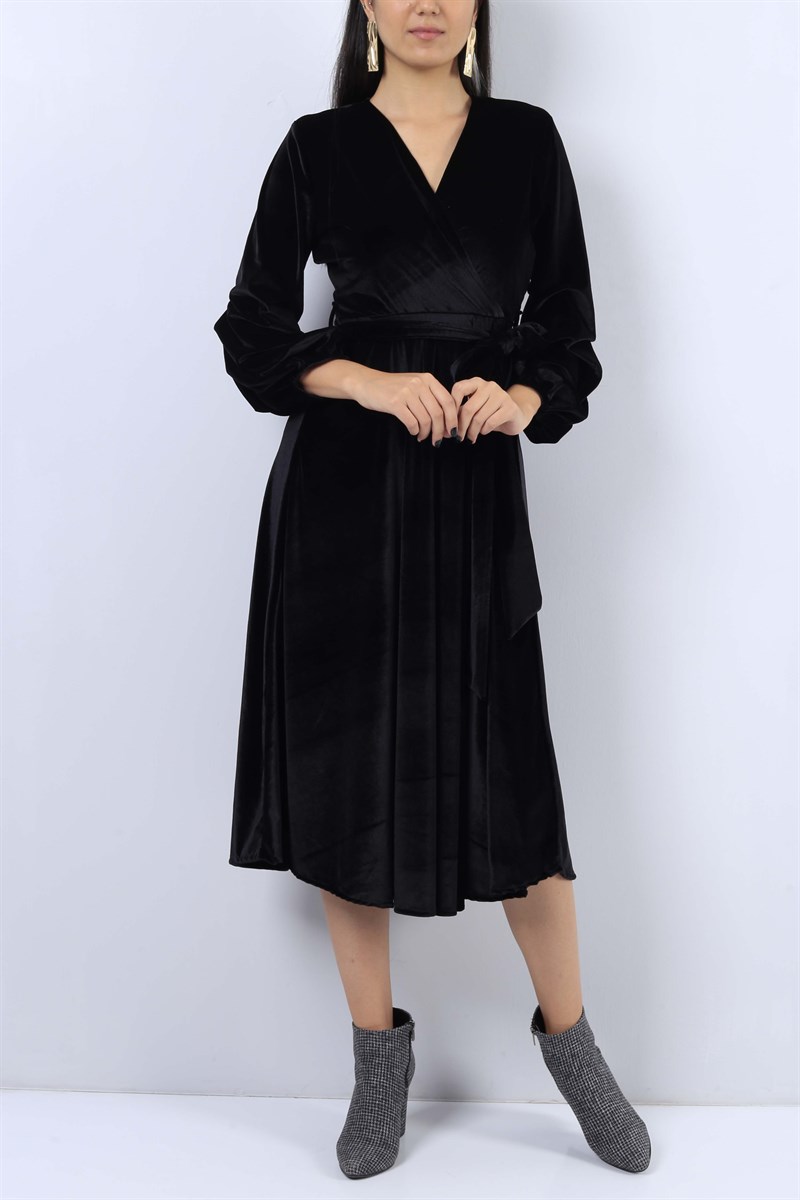 Kadife Kruvaze Yaka Siyah Elbise 21020B