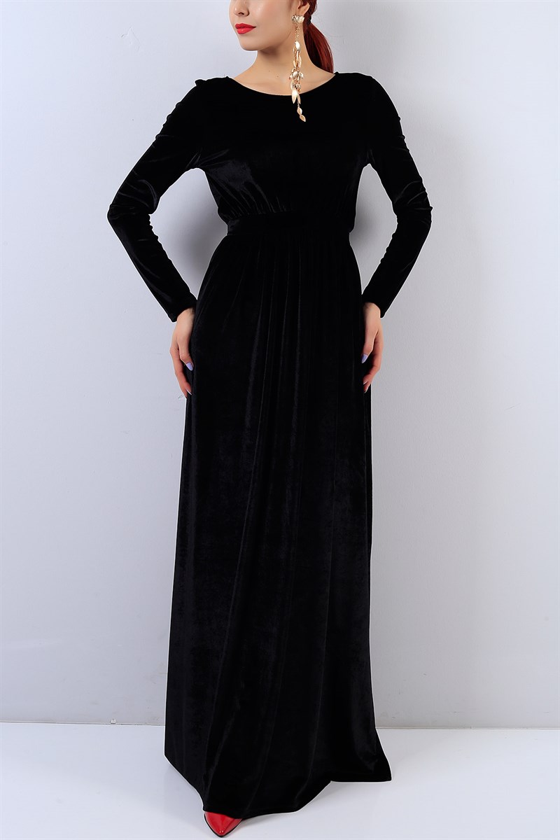 Kadife Kumaş Beli Lastikli Siyah Elbise 18553B