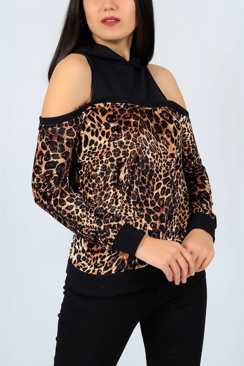 Kadife Leopar Desen Likralı Bayan Sweat 22671B