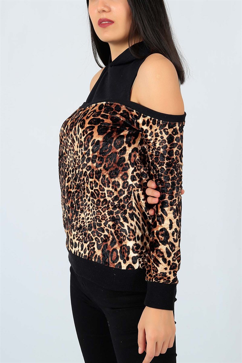 Kadife Leopar Desen Likralı Bayan Sweat 22671B