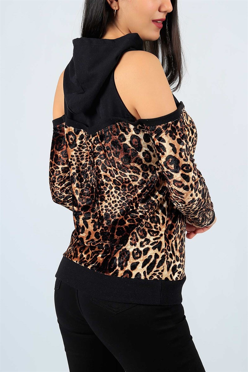 Kadife Leopar Desen Likralı Bayan Sweat 22671B