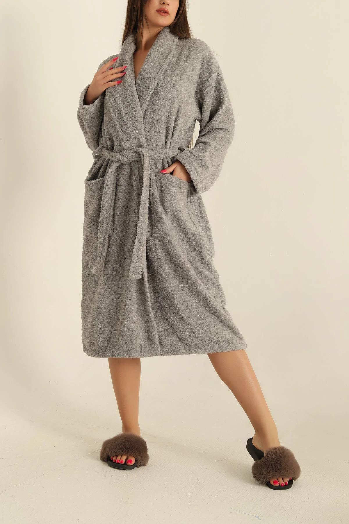 Unisex Antrasit Cep Detaylı Pamuklu Bornoz 279884