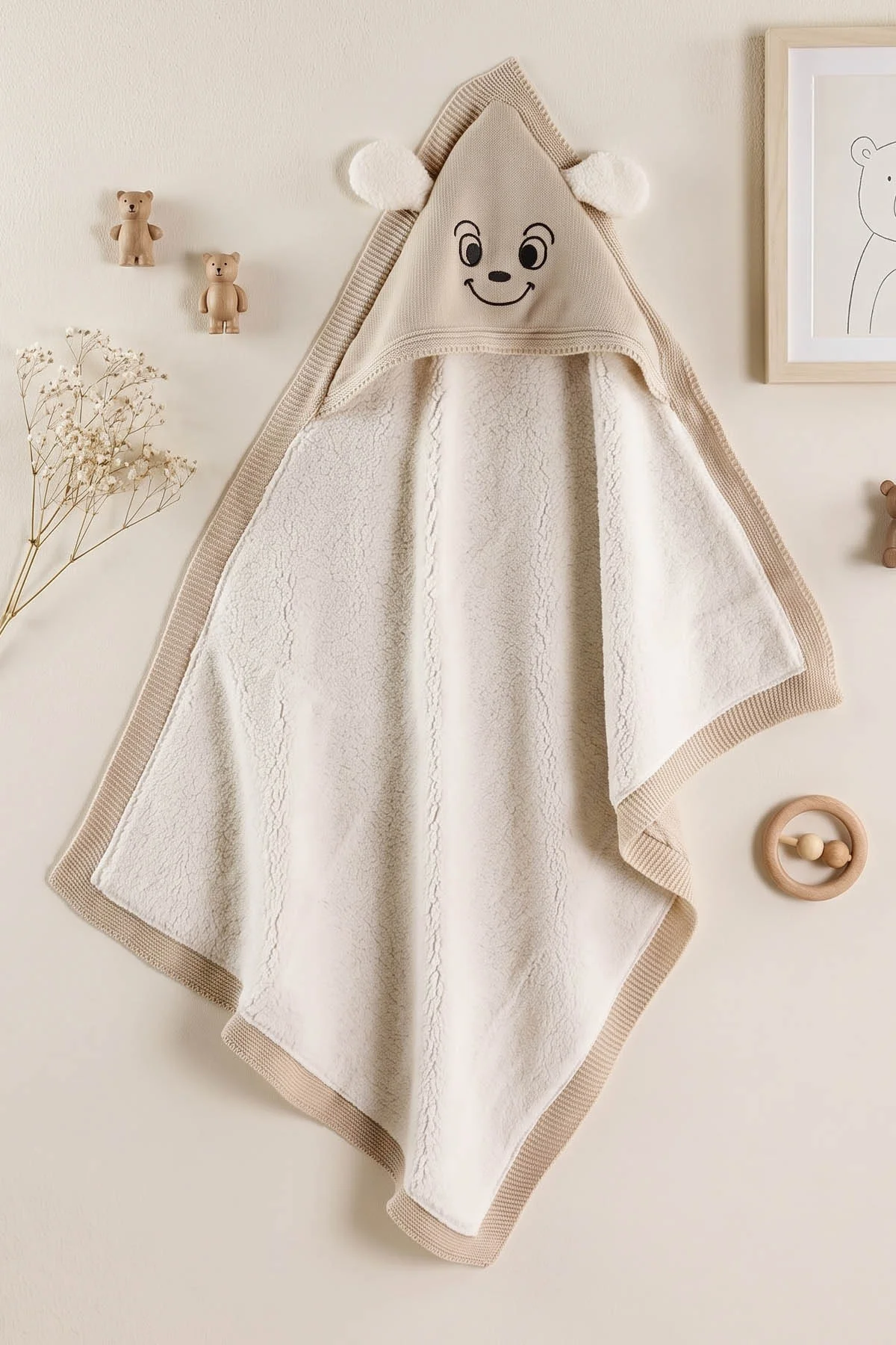 Kahve (0-12 Ay)Nakışlı Kulaklı Wellsoft Triko Bebek Battaniye 476440