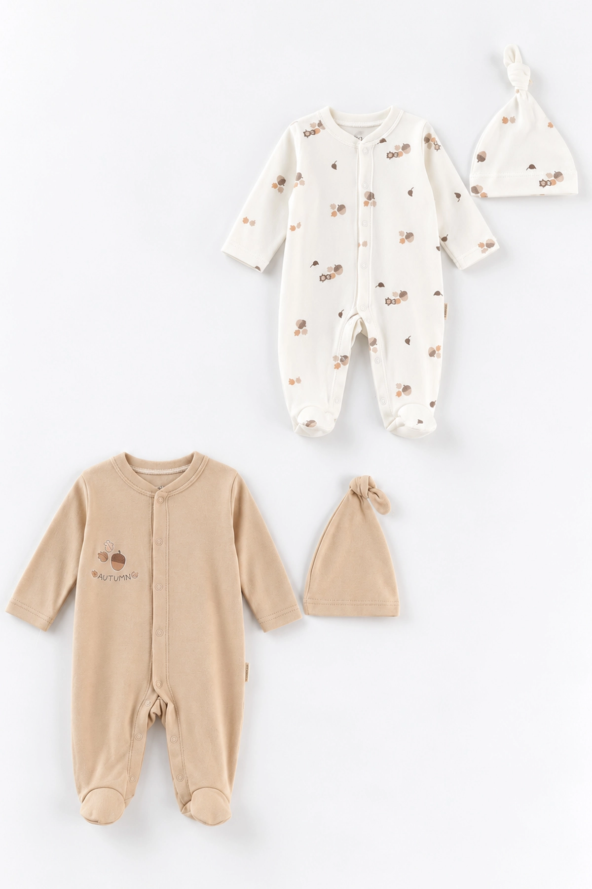 Kahve (0-3 Ay) Autumn Baskılı   Patikli  2'li Erkek Bebek Tulum 486927
