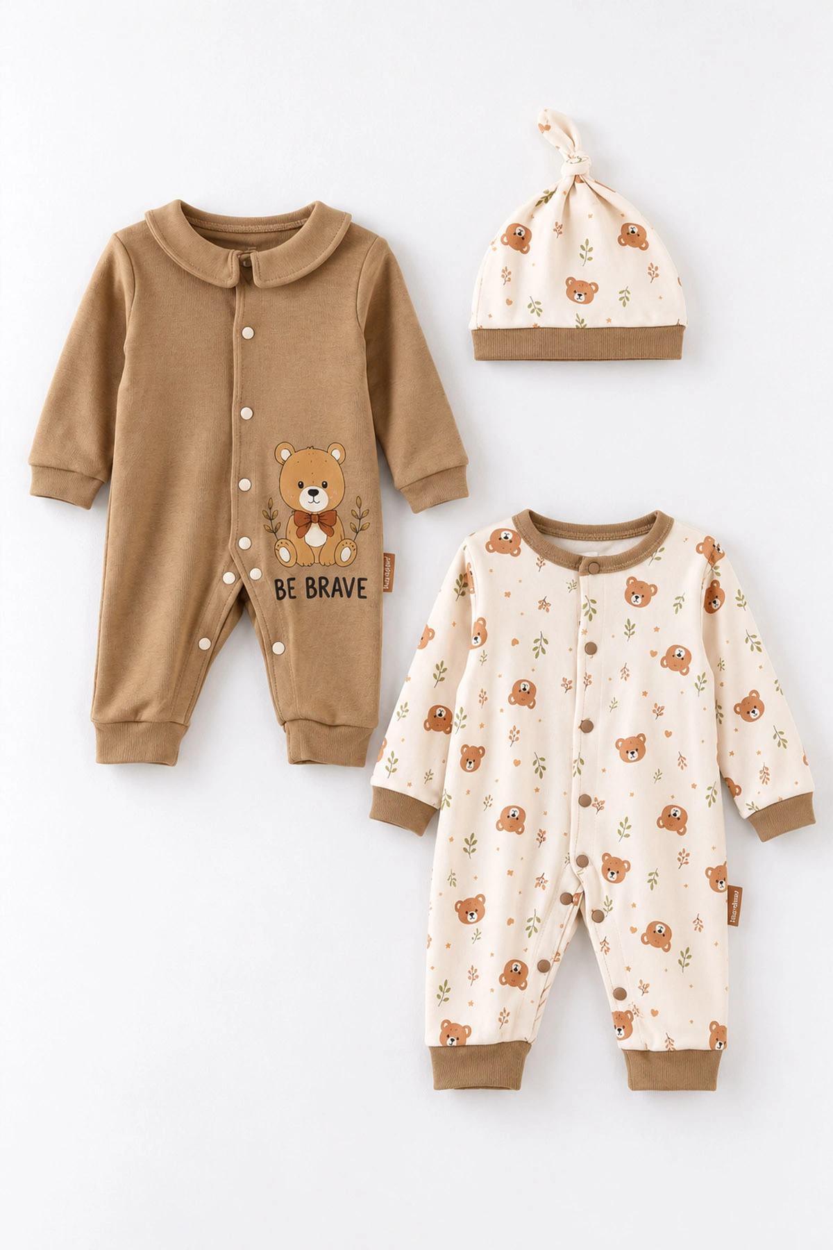 Kahve (0-3 Ay) Ayıcık Baskılı Şapkalı Penye 2'li Erkek Bebek Tulum 500358