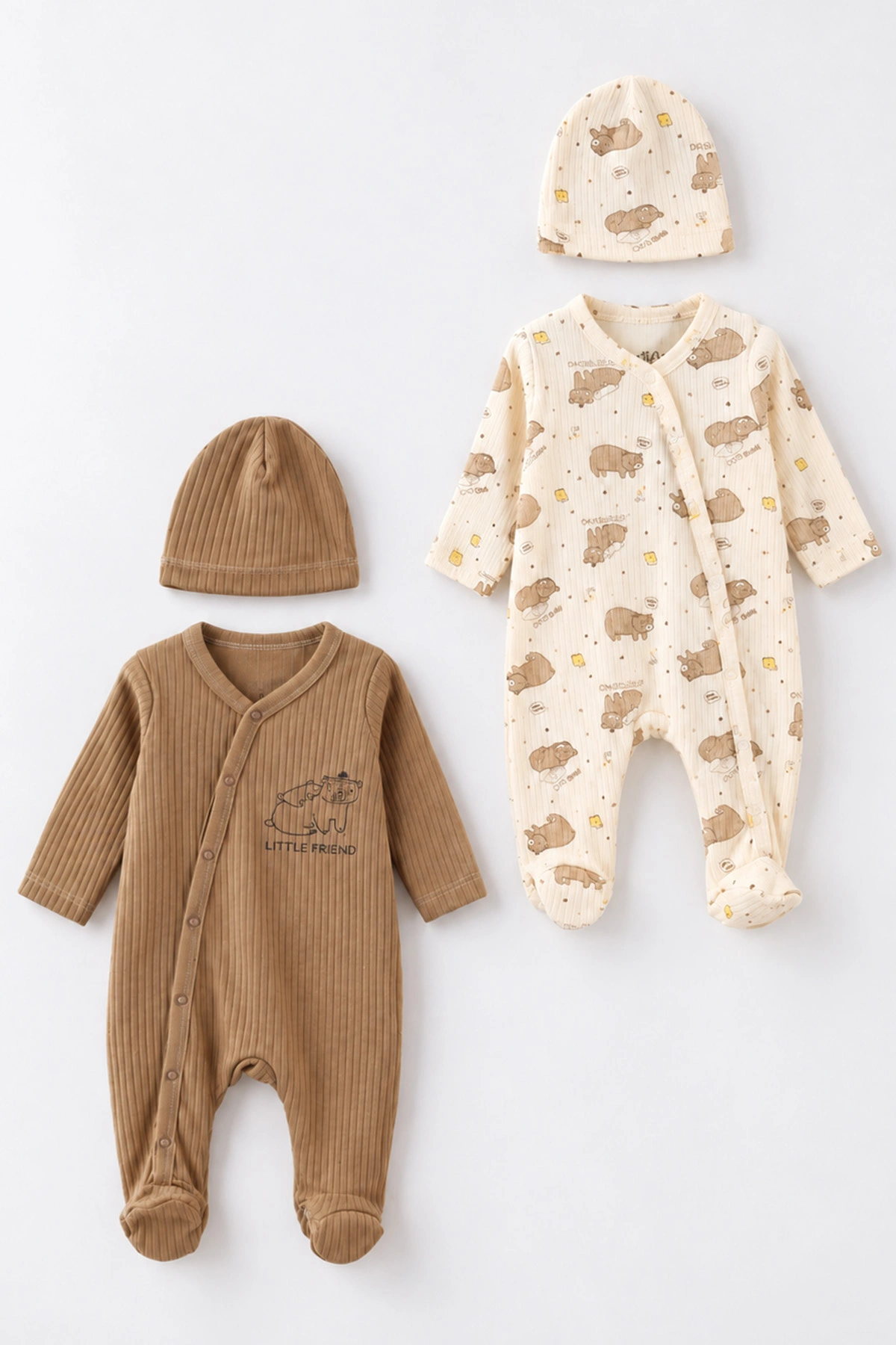 Kahve (0-3 Ay) Little Friend Baskılı Raporlu ve Patikli  2'li Erkek Bebek Tulum 486910