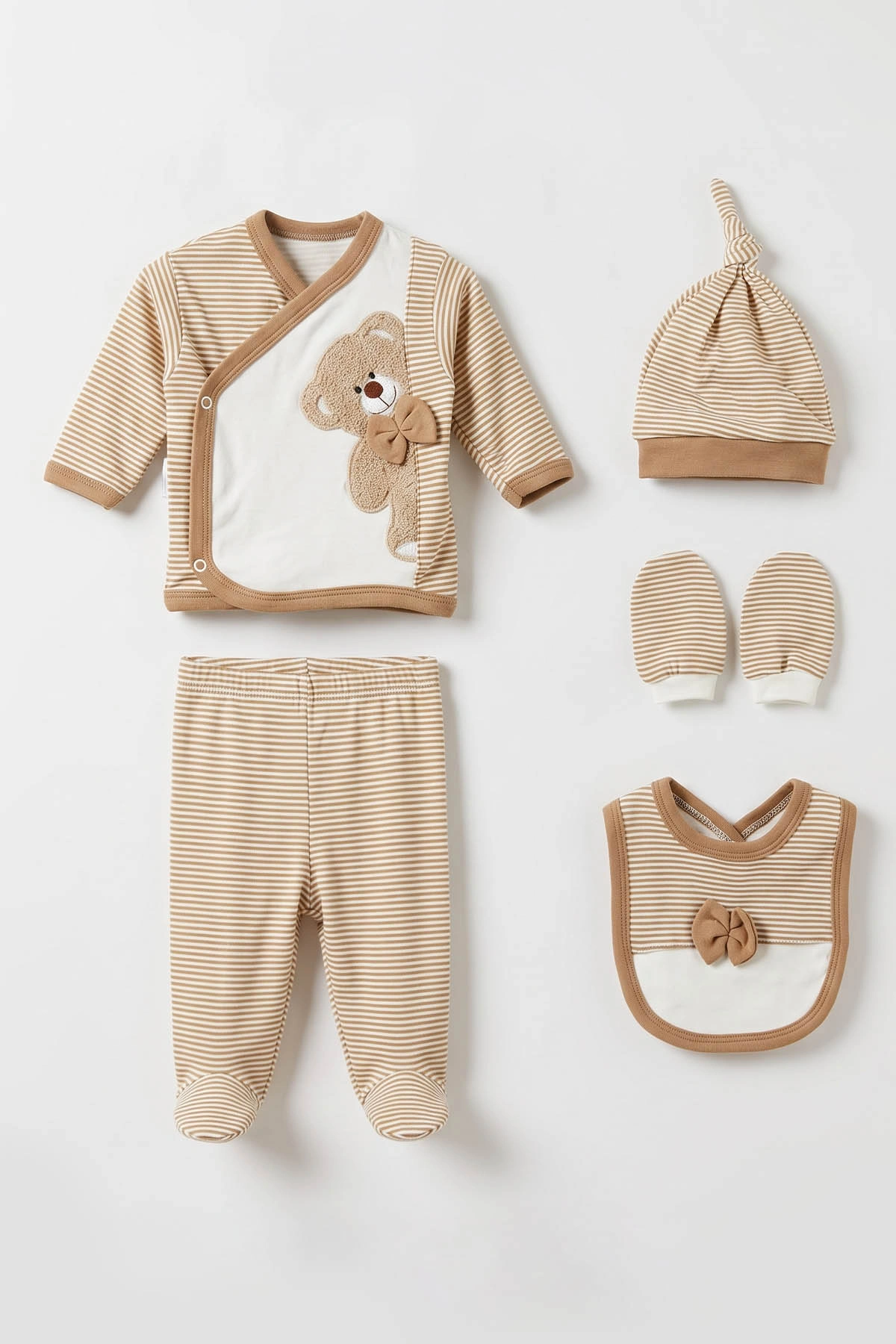 Kahve (0-3 Ay) Süzene Ayıcık Nakışlı Yeni Doğan 5'li Erkek Bebek Zıbın Seti 475367
