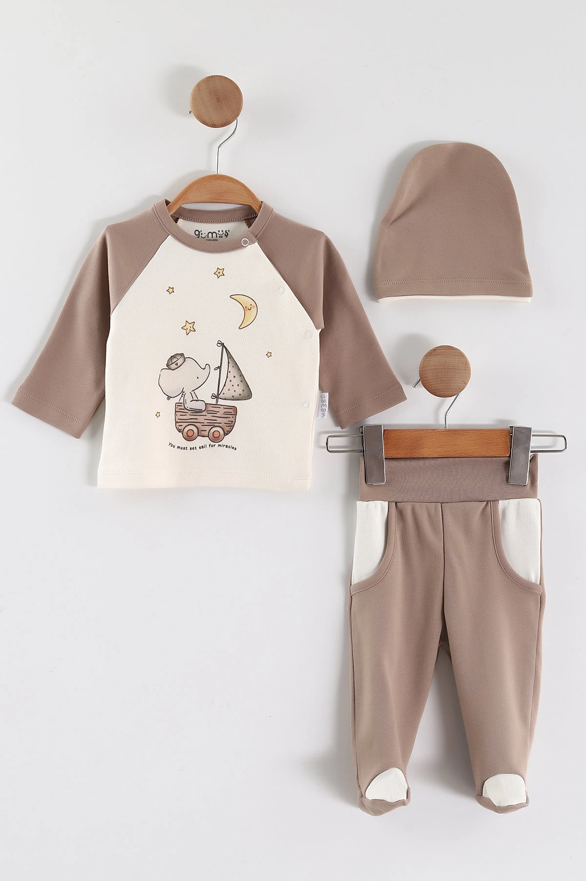 Kahve (0-3 Ay) Yelkenli Fil Baskılı  Patikli Erkek Bebek 3'lü Zıbın Takım 453729
